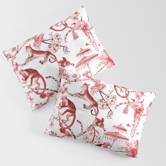 Chinoiserie Monkey Jungle Botanical Red Toile de Jouy Art Pillow Sham Gallery Image 3