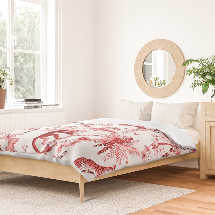 Chinoiserie Monkey Jungle Botanical Red Toile de Jouy Art Duvet Cover Gallery Image 2