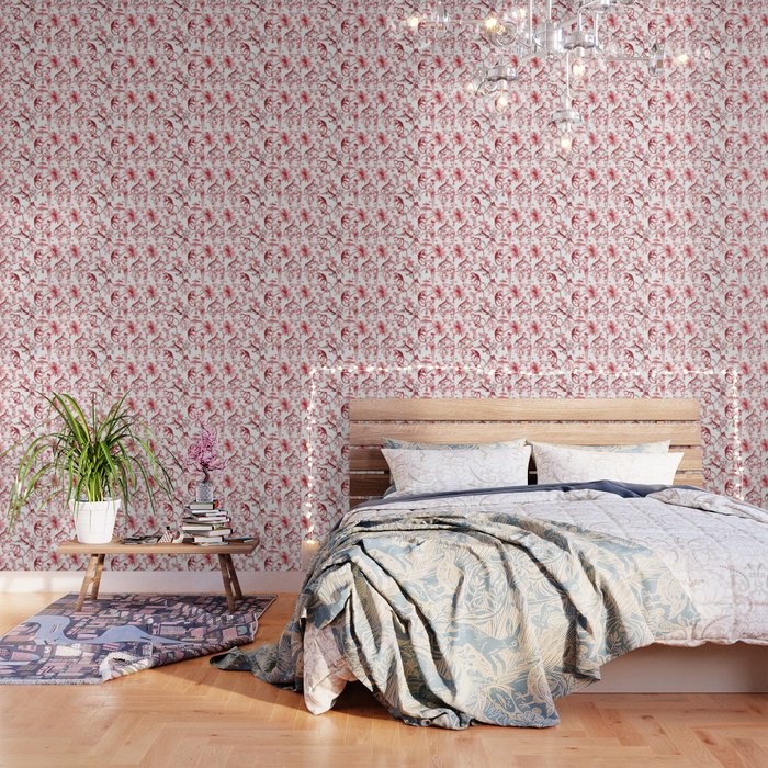 Chinoiserie Monkey Jungle Botanical Red Toile de Jouy Art Wallpaper Gallery Image 1