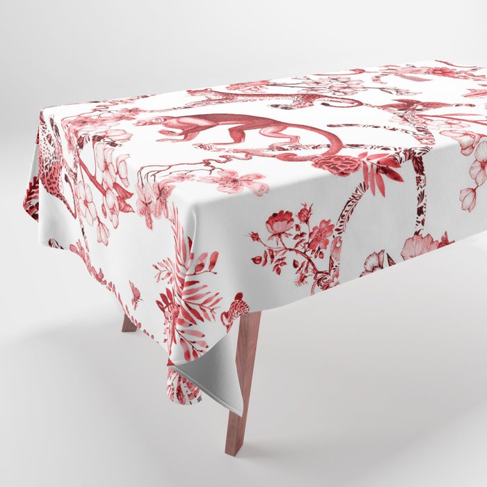 Chinoiserie Monkey Jungle Botanical Red Toile de Jouy Art Tablecloth Gallery Image 1