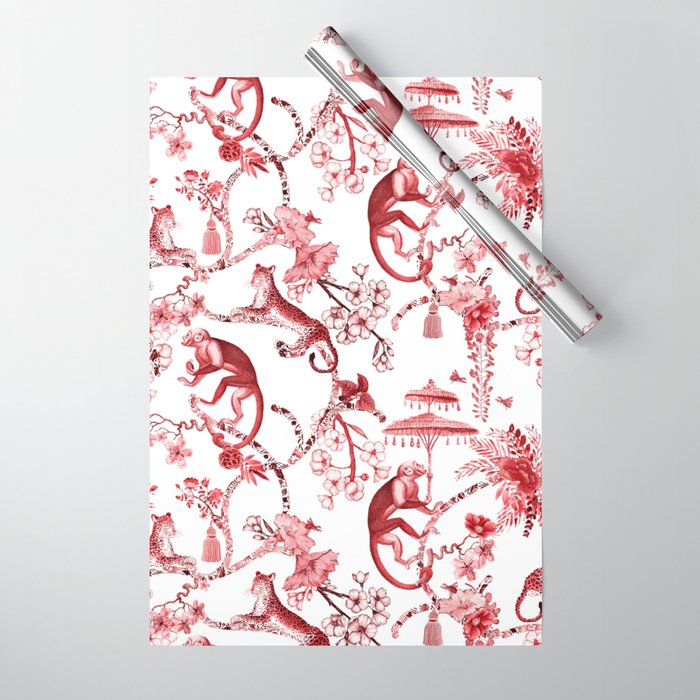 Chinoiserie Monkey Jungle Botanical Red Toile de Jouy Art Wrapping Paper Gallery Image 1