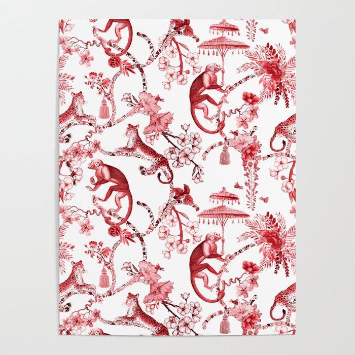 Chinoiserie Monkey Jungle Botanical Red Toile de Jouy Art Poster Gallery Image 4