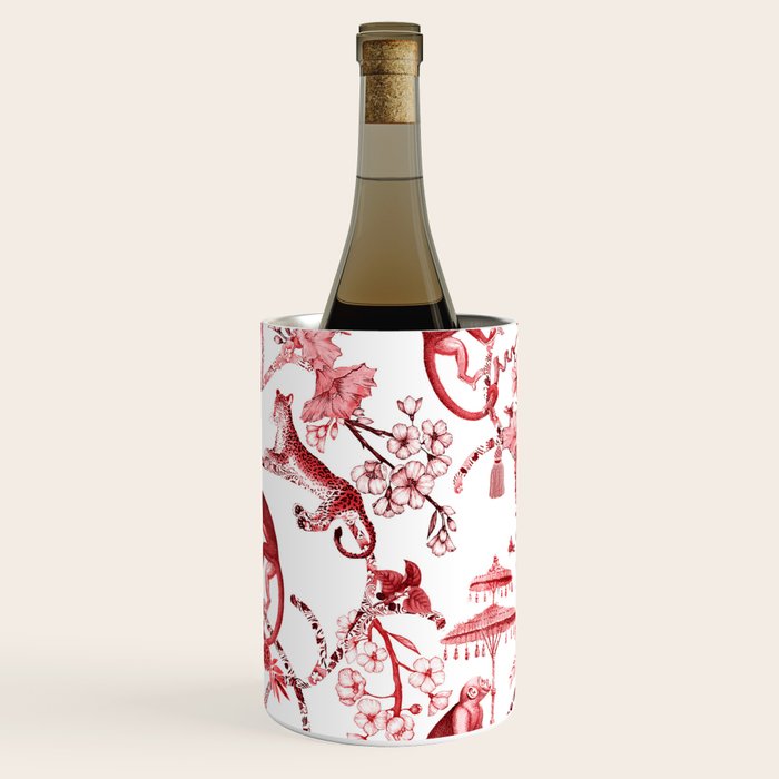 Chinoiserie Monkey Jungle Botanical Red Toile de Jouy Art Wine Chiller Gallery Image 1