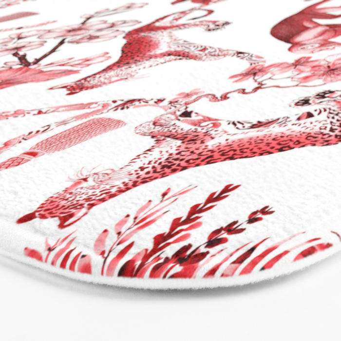 Chinoiserie Monkey Jungle Botanical Red Toile de Jouy Art Bath Mat Gallery Image 3