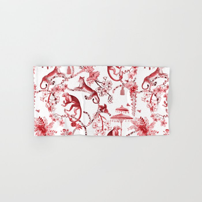 Chinoiserie Monkey Jungle Botanical Red Toile de Jouy Art Bath Towel Gallery Image 1