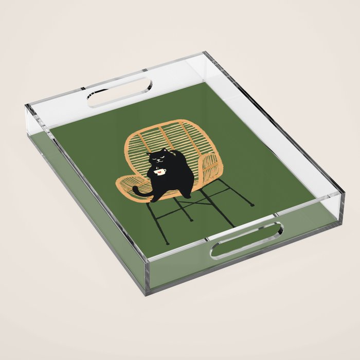 Lazy cat 2b Green enjoy coffee on rattan chair  Acrylic Tray Gallery Image 1