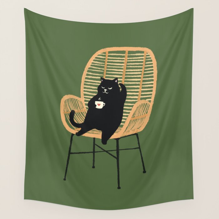 Lazy cat 2b Green enjoy coffee on rattan chair  Wall Tapestry Gallery Image 2