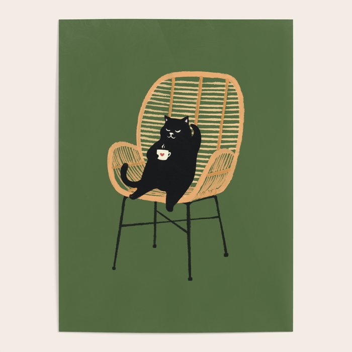Lazy cat 2b Green enjoy coffee on rattan chair  Poster Gallery Image 1