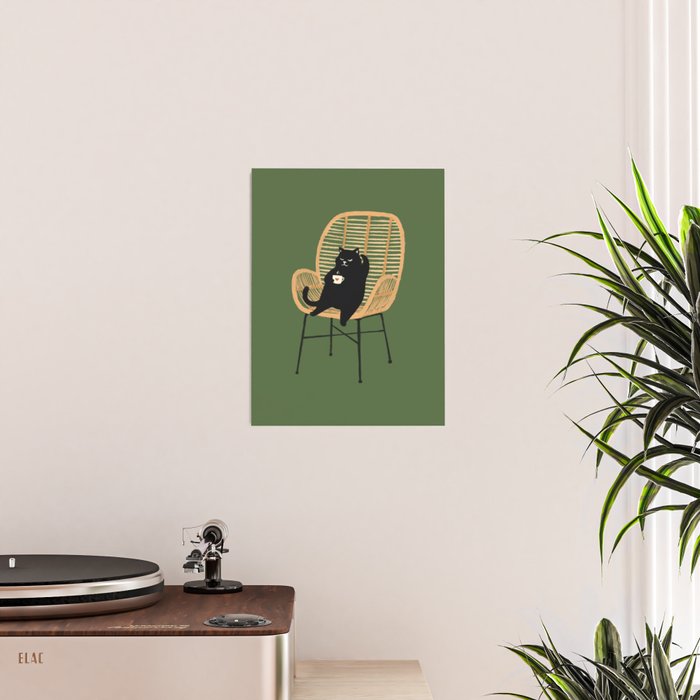 Lazy cat 2b Green enjoy coffee on rattan chair  Poster Gallery Image 2
