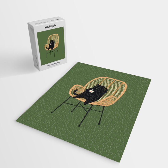 Lazy cat 2b Green enjoy coffee on rattan chair  Jigsaw Puzzle Gallery Image 2