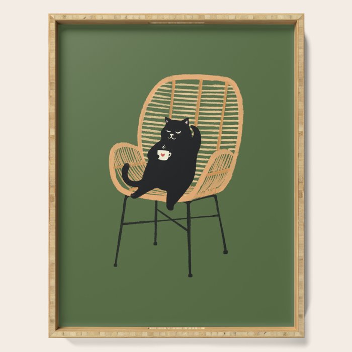 Lazy cat 2b Green enjoy coffee on rattan chair  Serving Tray Gallery Image 1