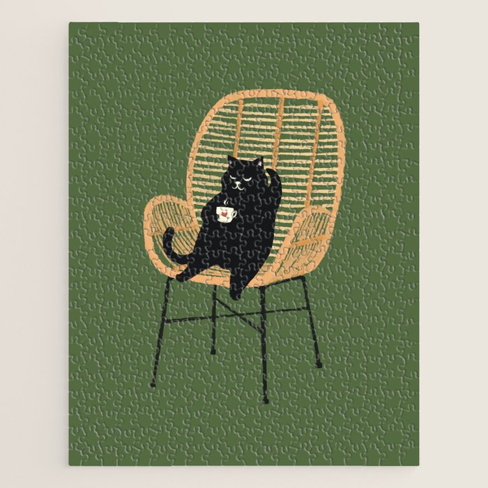 Lazy cat 2b Green enjoy coffee on rattan chair  Jigsaw Puzzle Gallery Image 1