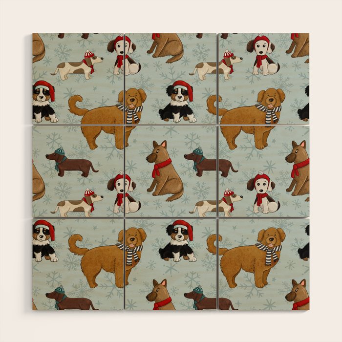 Christmas Puppies, Holiday Dog Print, Cute Puppy Pattern, Winter Pups Wood Wall Art Gallery Image 1