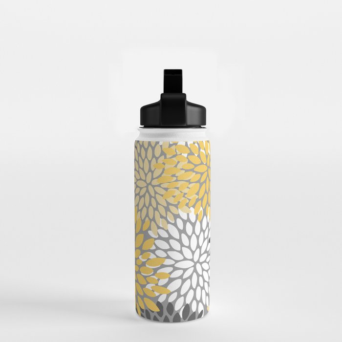 Modern Elegant Chic Floral Pattern, Soft Yellow, Gray, White Water Bottle Gallery Image 2