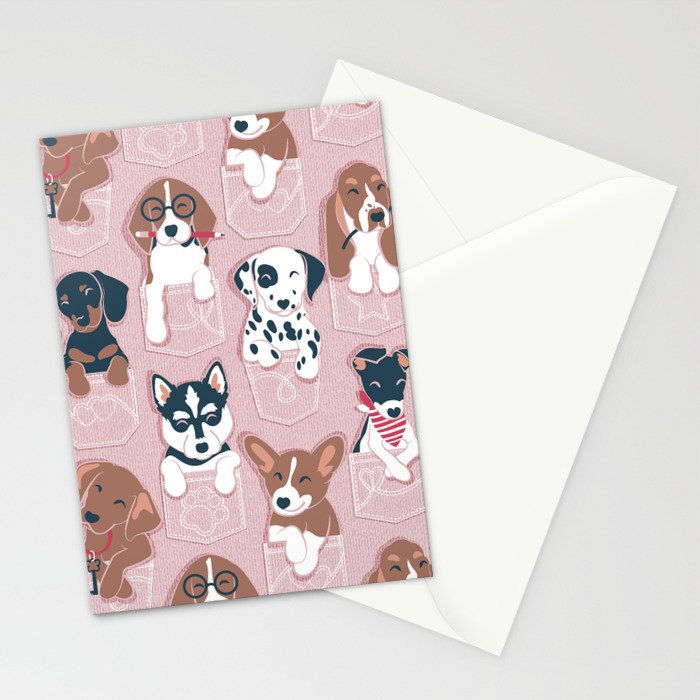 Pure love pockets I // blush pink background Dachshund Beagle Dalmatian Basset Hound Labrador Retriever Husky Welsh Corgi and Italian Greyhound dog puppies Stationery Card Gallery Image 2