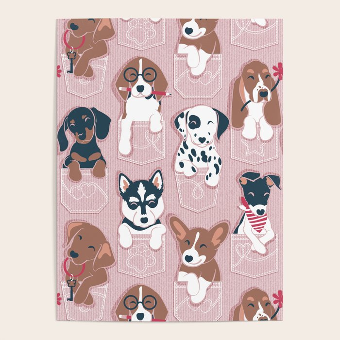 Pure love pockets I // blush pink background Dachshund Beagle Dalmatian Basset Hound Labrador Retriever Husky Welsh Corgi and Italian Greyhound dog puppies Poster Gallery Image 4