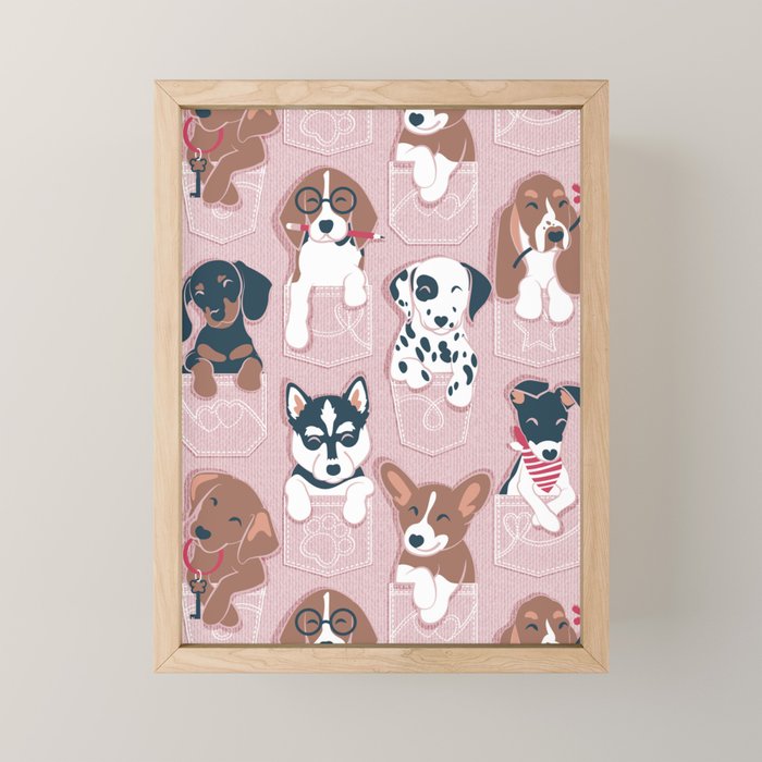 Pure love pockets I // blush pink background Dachshund Beagle Dalmatian Basset Hound Labrador Retriever Husky Welsh Corgi and Italian Greyhound dog puppies Mini Art Print Gallery Image 1
