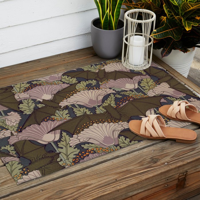 Vintage Art Deco Bat and Flowers Outdoor Rug Gallery Image 2