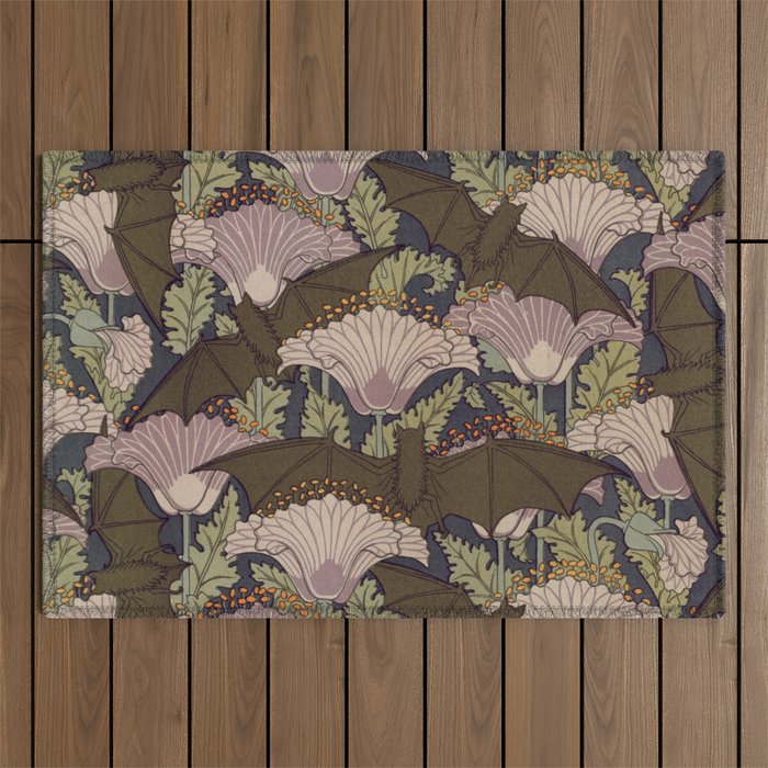 Vintage Art Deco Bat and Flowers Outdoor Rug Gallery Image 1