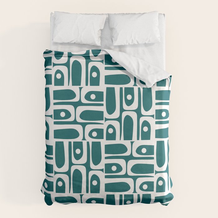 Mid Century Modern Piquet Abstract Multi Geometric Pattern in Deep Teal Marine Green-Blue and White Duvet Cover Gallery Image 6