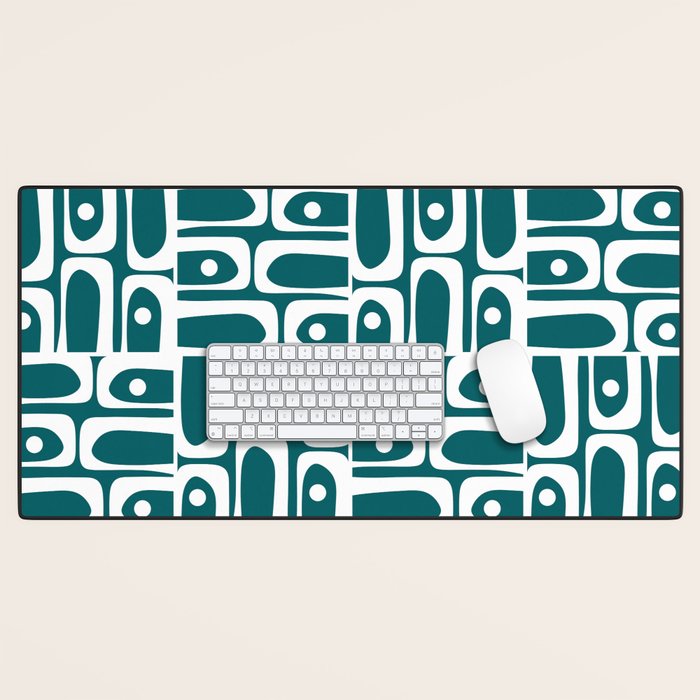 Mid Century Modern Piquet Abstract Multi Geometric Pattern in Deep Teal Marine Green-Blue and White Desk Mat Gallery Image 1