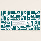 Mid Century Modern Piquet Abstract Multi Geometric Pattern in Deep Teal Marine Green-Blue and White Desk Mat Gallery Image 1
