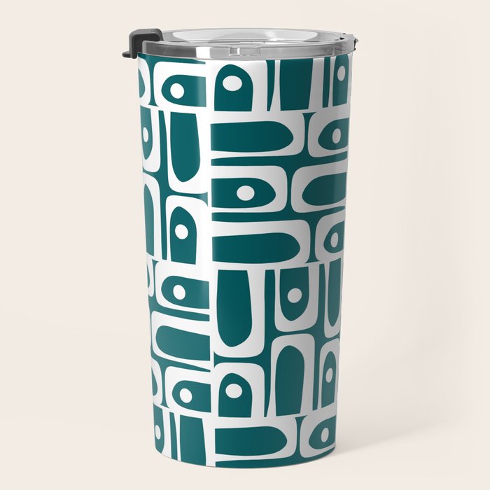 Mid Century Modern Piquet Abstract Multi Geometric Pattern in Deep Teal Marine Green-Blue and White Travel Mug Gallery Image 3