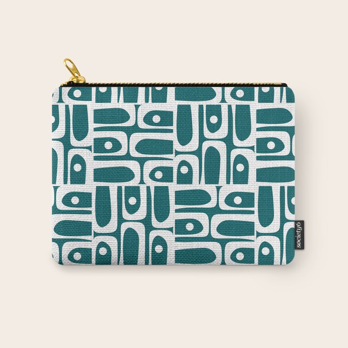 Mid Century Modern Piquet Abstract Multi Geometric Pattern in Deep Teal Marine Green-Blue and White Carry All Pouch Gallery Image 1