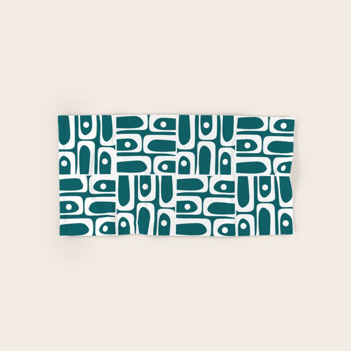Mid Century Modern Piquet Abstract Multi Geometric Pattern in Deep Teal Marine Green-Blue and White Bath Towel Gallery Image 1