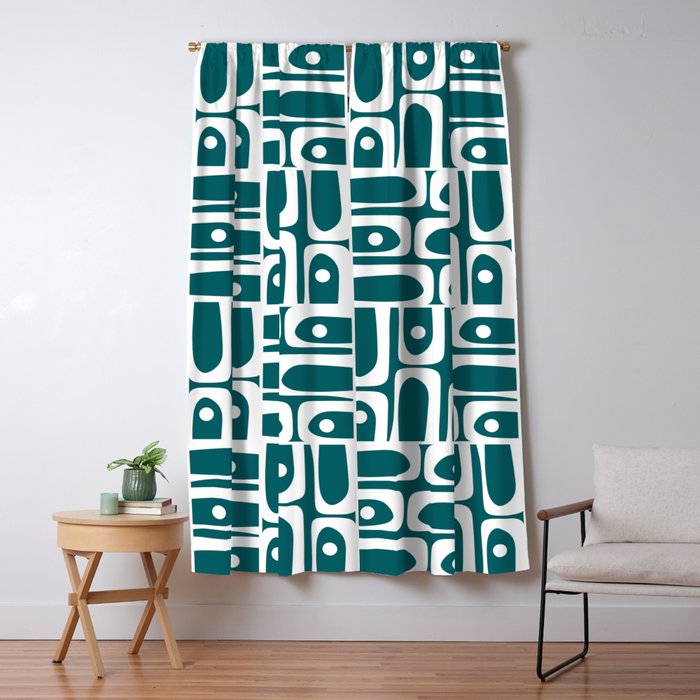 Mid Century Modern Piquet Abstract Multi Geometric Pattern in Deep Teal Marine Green-Blue and White Window Curtain Gallery Image 5