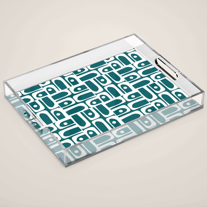 Mid Century Modern Piquet Abstract Multi Geometric Pattern in Deep Teal Marine Green-Blue and White Acrylic Tray Gallery Image 1