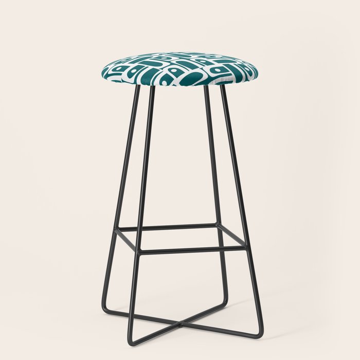 Mid Century Modern Piquet Abstract Multi Geometric Pattern in Deep Teal Marine Green-Blue and White Stool Gallery Image 1