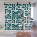 Mid Century Modern Piquet Abstract Multi Geometric Pattern in Deep Teal Marine Green-Blue and White Wall Mural Gallery Image 1