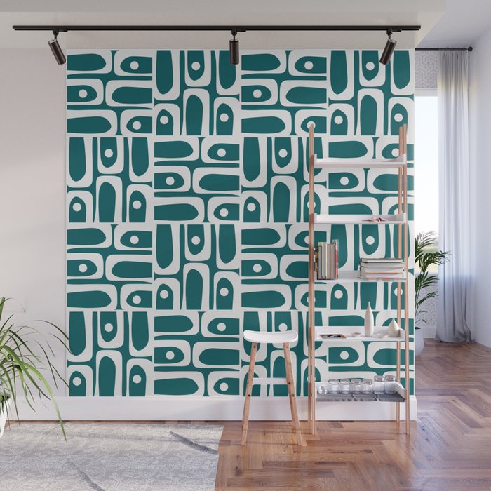 Mid Century Modern Piquet Abstract Multi Geometric Pattern in Deep Teal Marine Green-Blue and White Wall Mural Gallery Image 1