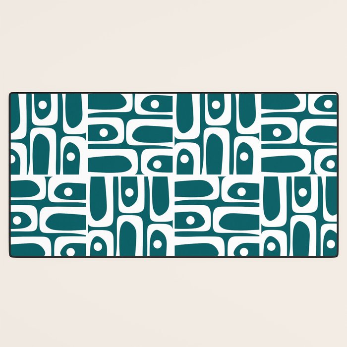 Mid Century Modern Piquet Abstract Multi Geometric Pattern in Deep Teal Marine Green-Blue and White Desk Mat Gallery Image 3