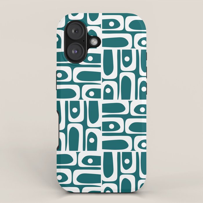 Mid Century Modern Piquet Abstract Multi Geometric Pattern in Deep Teal Marine Green-Blue and White iPhone Case Gallery Image 1