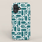Mid Century Modern Piquet Abstract Multi Geometric Pattern in Deep Teal Marine Green-Blue and White iPhone Case Gallery Image 1