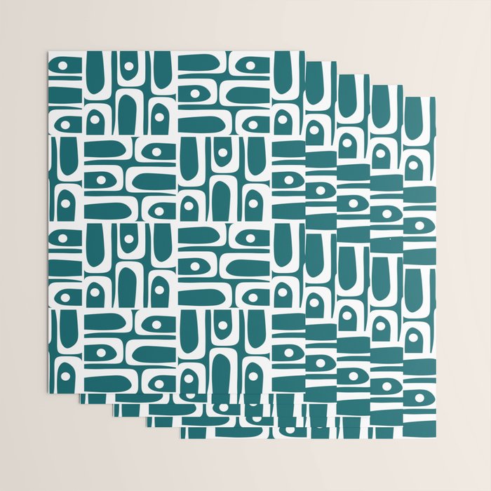 Mid Century Modern Piquet Abstract Multi Geometric Pattern in Deep Teal Marine Green-Blue and White Wrapping Paper Gallery Image 3