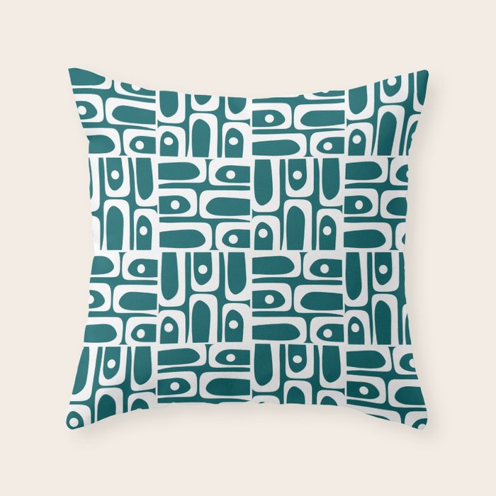 Mid Century Modern Piquet Abstract Multi Geometric Pattern in Deep Teal Marine Green-Blue and White Throw Pillow Gallery Image 6