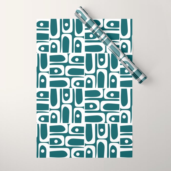 Mid Century Modern Piquet Abstract Multi Geometric Pattern in Deep Teal Marine Green-Blue and White Wrapping Paper Gallery Image 1