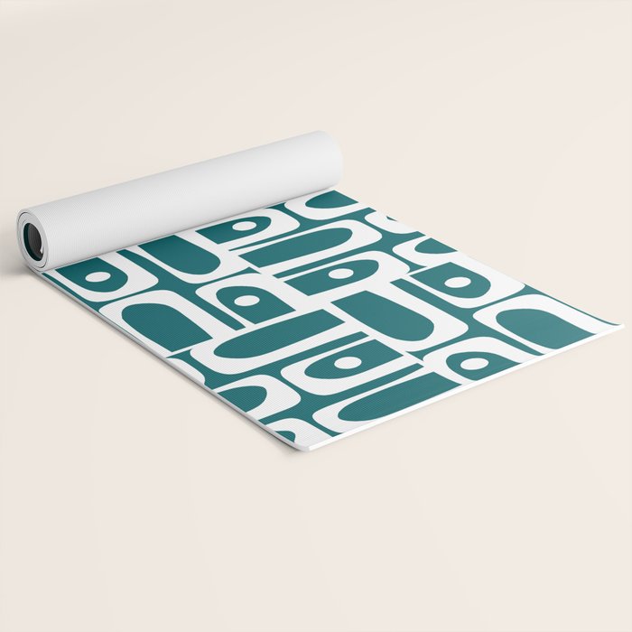 Mid Century Modern Piquet Abstract Multi Geometric Pattern in Deep Teal Marine Green-Blue and White Yoga Mat Gallery Image 2
