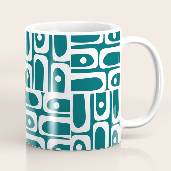 Mid Century Modern Piquet Abstract Multi Geometric Pattern in Deep Teal Marine Green-Blue and White Coffee Mug Gallery Image 1