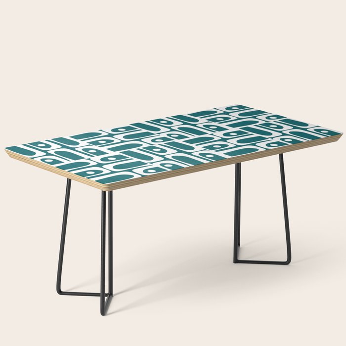 Mid Century Modern Piquet Abstract Multi Geometric Pattern in Deep Teal Marine Green-Blue and White Coffee Table Gallery Image 1