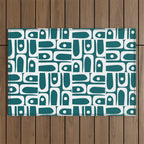 Mid Century Modern Piquet Abstract Multi Geometric Pattern in Deep Teal Marine Green-Blue and White Outdoor Rug Gallery Image 1