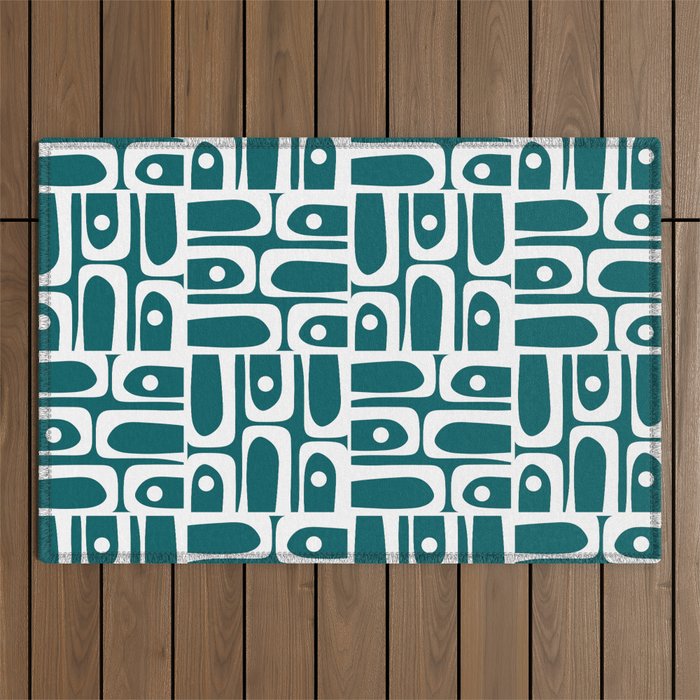 Mid Century Modern Piquet Abstract Multi Geometric Pattern in Deep Teal Marine Green-Blue and White Outdoor Rug Gallery Image 1