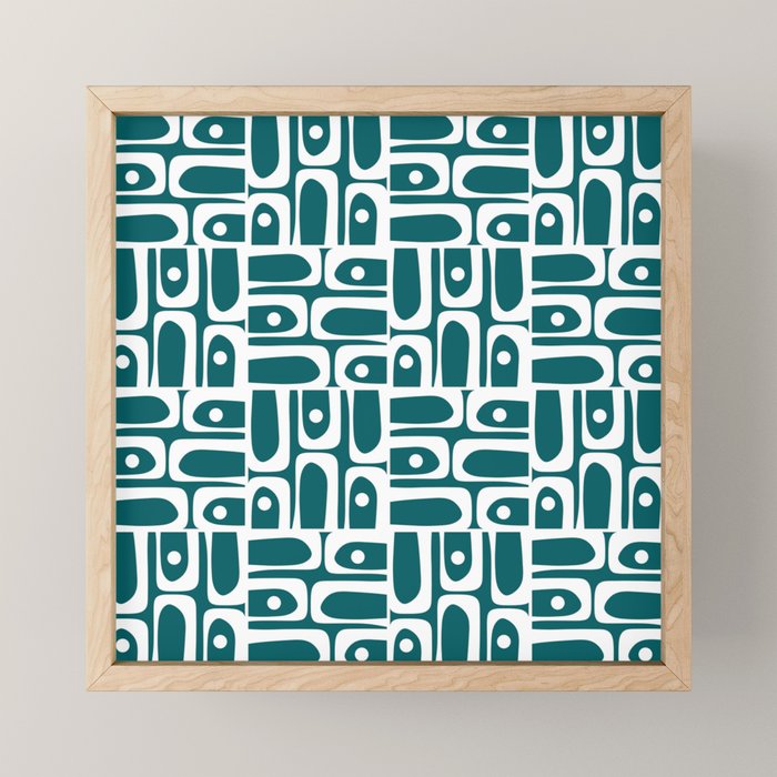 Mid Century Modern Piquet Abstract Multi Geometric Pattern in Deep Teal Marine Green-Blue and White Mini Art Print Gallery Image 1