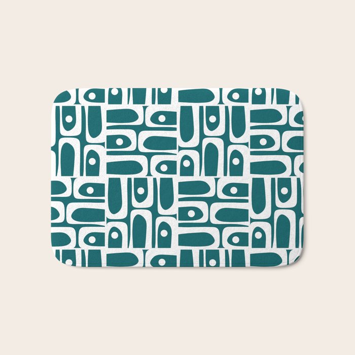 Mid Century Modern Piquet Abstract Multi Geometric Pattern in Deep Teal Marine Green-Blue and White Bath Mat Gallery Image 1