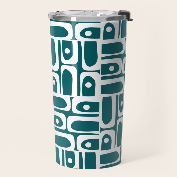 Mid Century Modern Piquet Abstract Multi Geometric Pattern in Deep Teal Marine Green-Blue and White Travel Mug Gallery Image 2