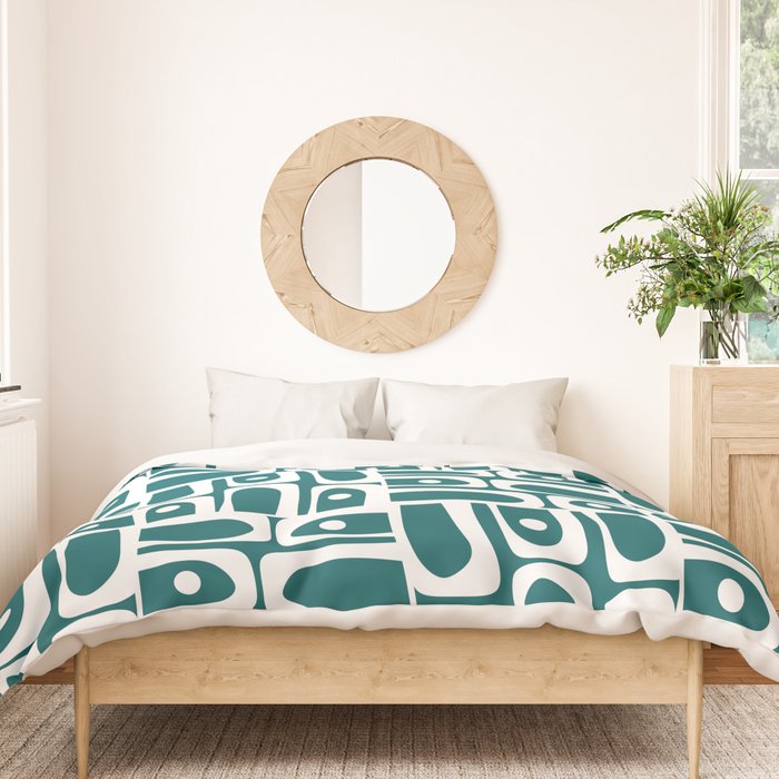 Mid Century Modern Piquet Abstract Multi Geometric Pattern in Deep Teal Marine Green-Blue and White Duvet Cover Gallery Image 3