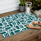 Mid Century Modern Piquet Abstract Multi Geometric Pattern in Deep Teal Marine Green-Blue and White Outdoor Rug Gallery Image 2